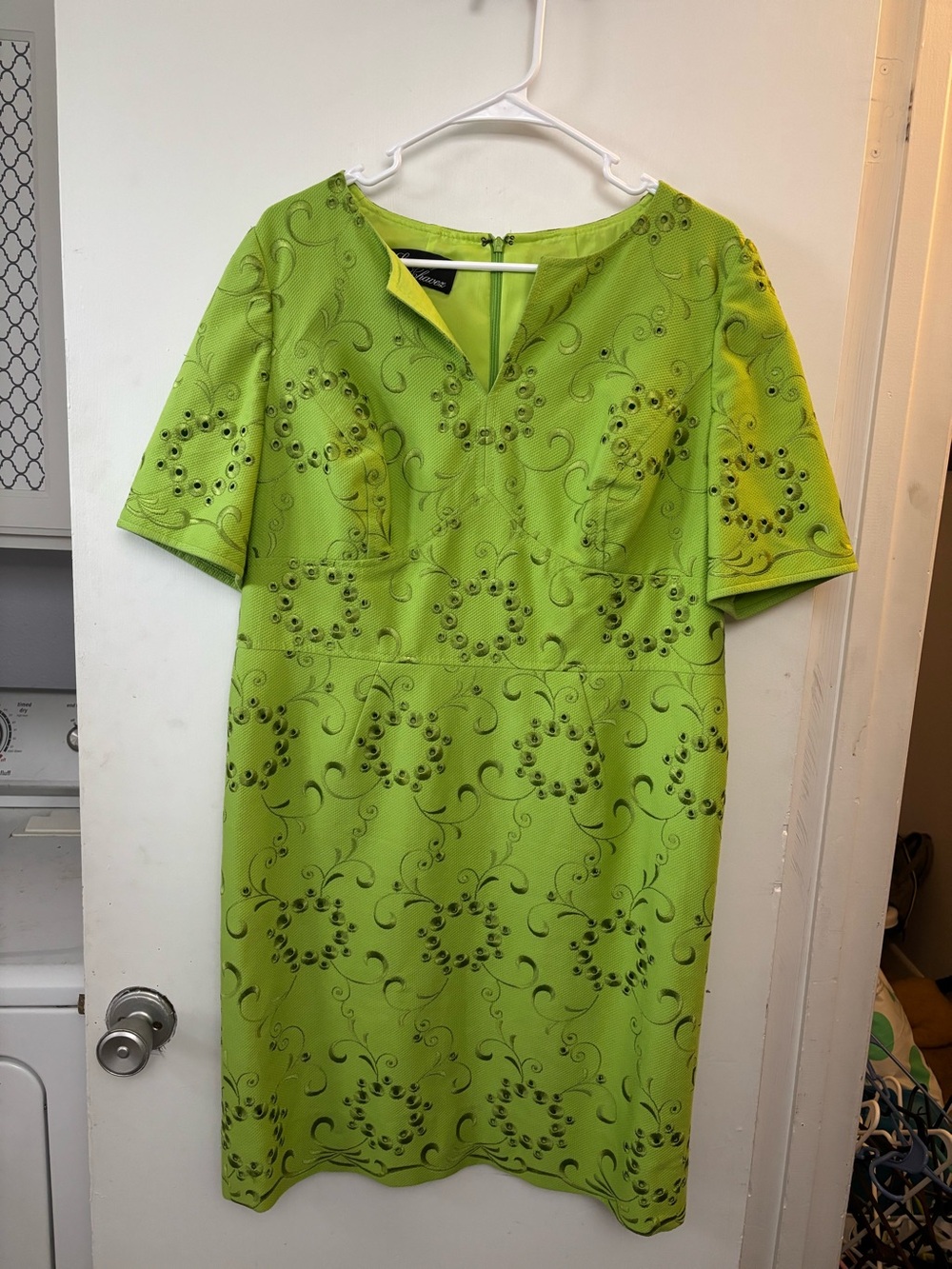 Lourdes Chavez Cotton Green Shift Dress Short Sleeve Size 12 Embroidered Eyelet